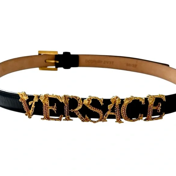 VERSACE Vintage RARE Gold Logo Thin Belt Size 80/32 - Picture 4 of 9